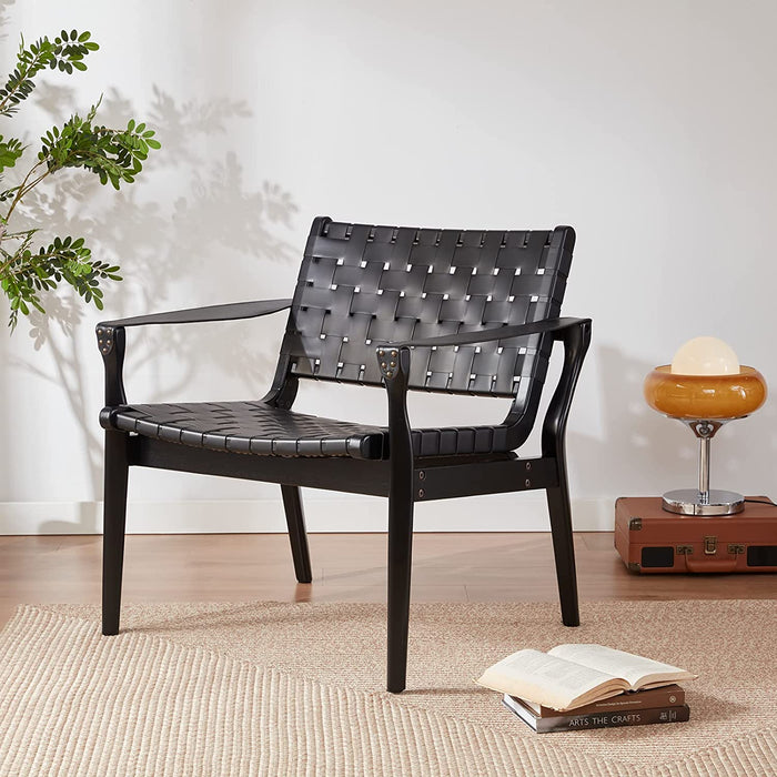 Scandinavian Woven Leather Chair with Boho Accent