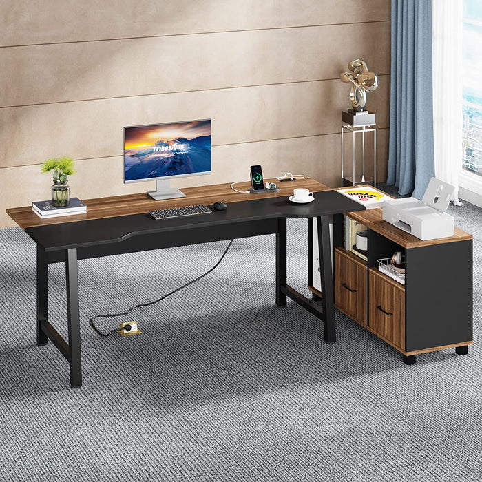 Tribesigns 70.9 x 30.9 Inch Extra Large Office Executive Desk with Power  Outlet and File Cabinet, L-Shaped Computer Desk Home Office Workstation
