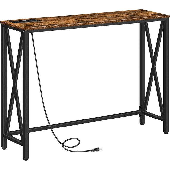 Rustic Brown Sofa Table with Power Outlet