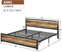 Rustic Brown Metal Platform Bed Frame, Industrial Wood Headboard