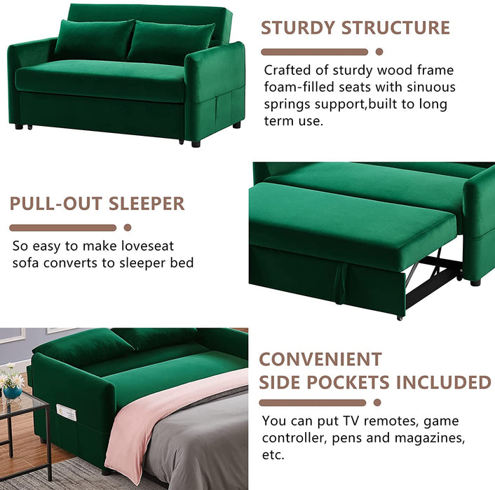 Green Velvet Convertible Sofa Bed with Adjustable Backrest