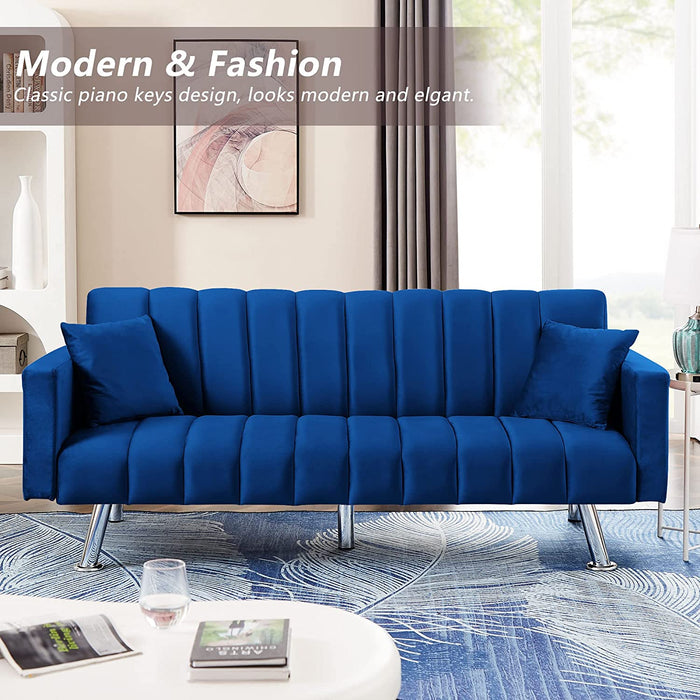 Modern Blue Velvet Sofa Bed with Pillows