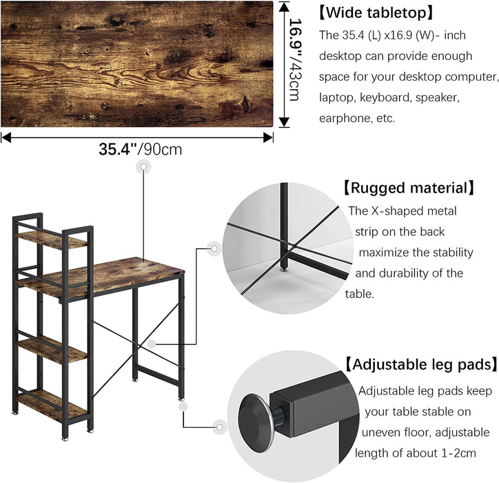 Small Rustic Desk with 4-Tier Bookshelf