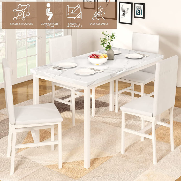 Faux Marble Dining Table Set for 4, All White