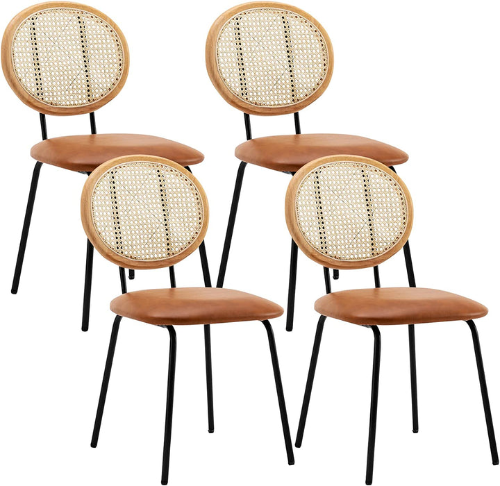 Set of 4 Brown Faux Leather Kitchen Dining Chairs with Rattan Backrest