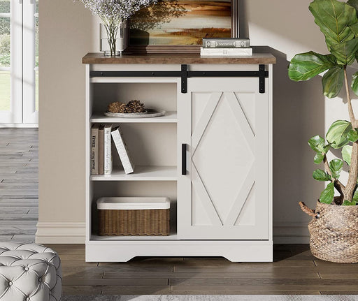 White Rustic Farmhouse Accent Buffet Sideboard with Sliding Barn Door