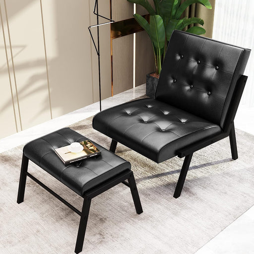 Black Leather Chair and Ottoman Set