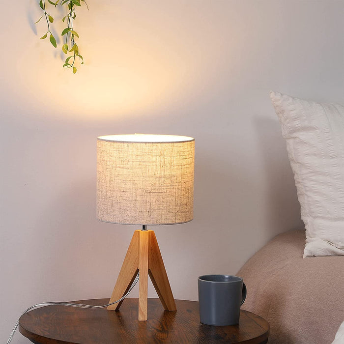 Tripod Table Lamp Wood with Linen Fabric Shade