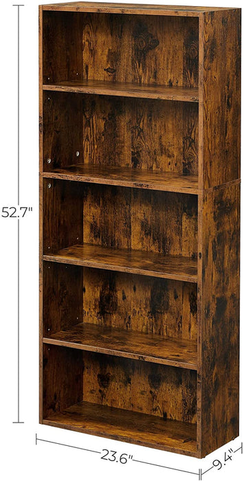 Rustic Brown 5-Tier Bookshelf with Adjustable Shelves