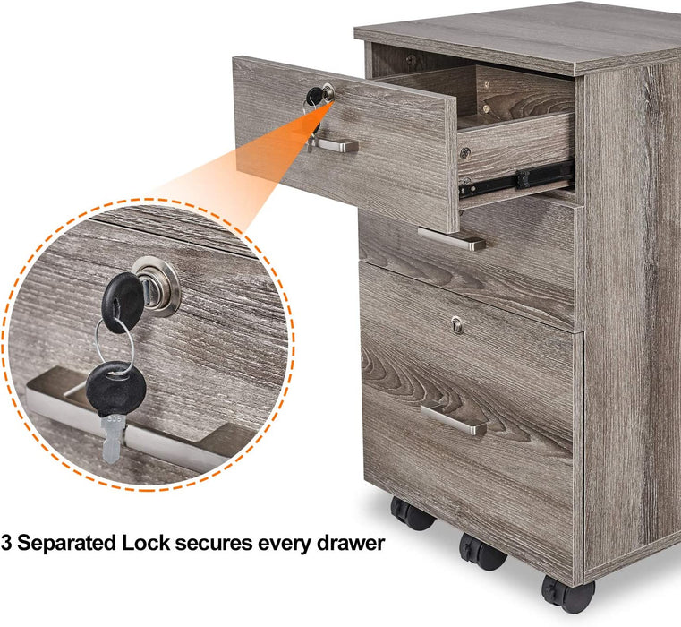 Grey Oak Rolling File Cabinet with Lock