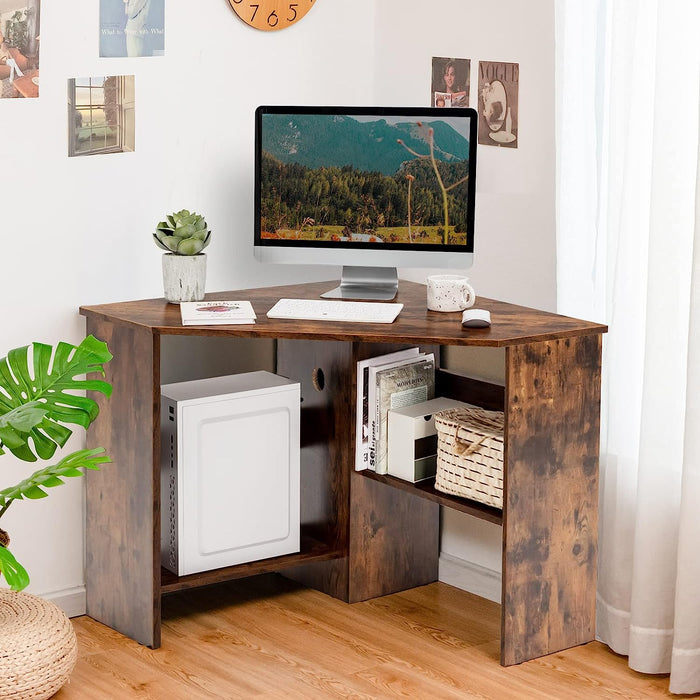 Space-Saving Triangle Corner Desk with Storage Shelves