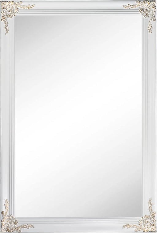 White Vintage Wall Mirror 24 X 36 Inches, Rectangle Wood Framed Baroque Mirror for Bathroom Bedroom and Living Room