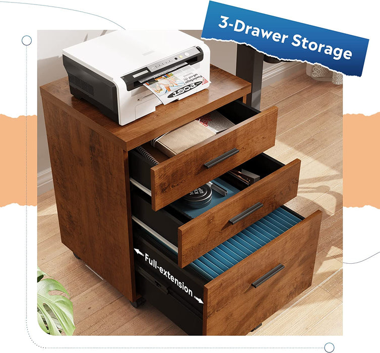Walnut Rolling File Cabinet with Printer Stand
