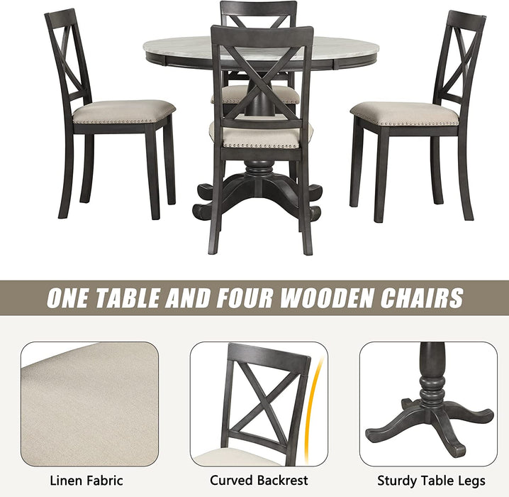 Wood 5-Piece round Dining Table Set with Cushioned Chairs