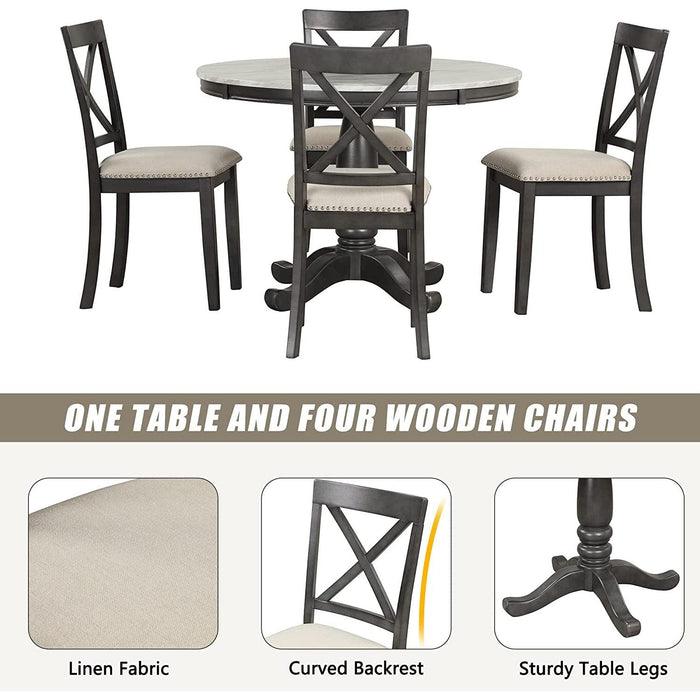 Wood 5-Piece round Dining Table Set with Cushioned Chairs