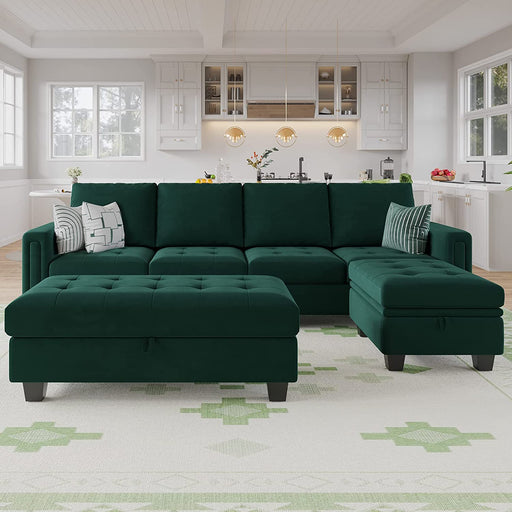 Green Velvet Convertible Sectional Sofa with Ottoman
