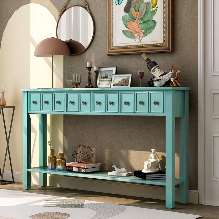 Rustic Blue Console Table with Drawers and Shelf