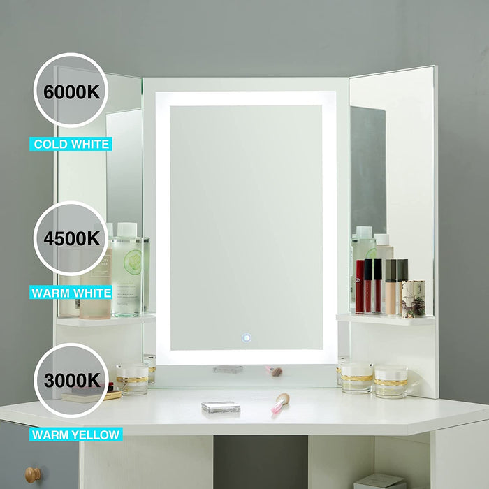 White Vanity Set with Three-Fold Mirrors LED Touch Mirror