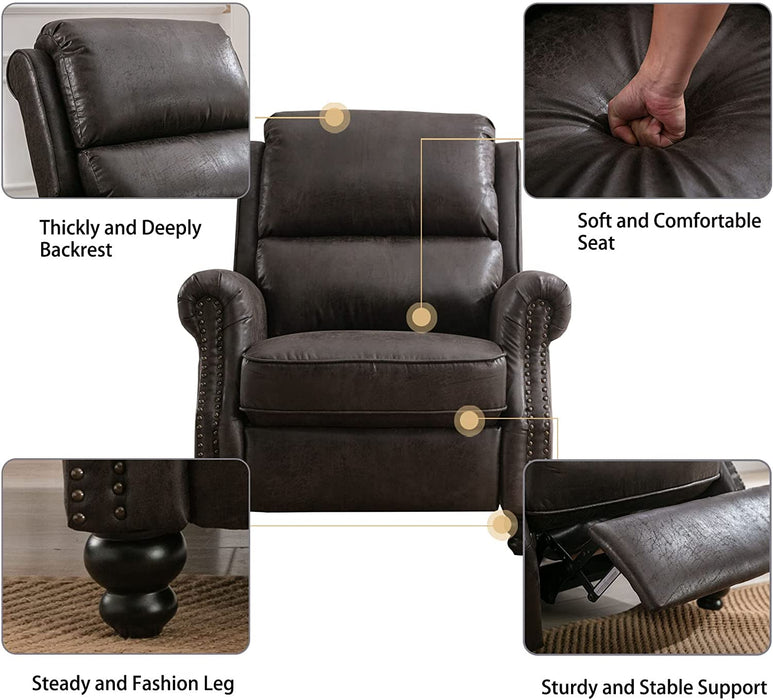 Pushback Recliner Chair, Leather, Rivet Decoration, Dark Grey