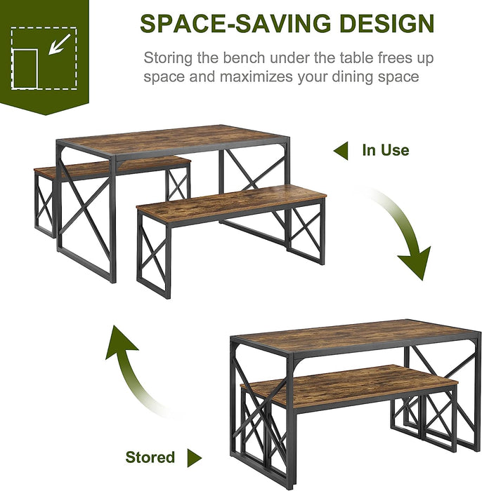 Dining Table Set for 4 with Benches, Brown