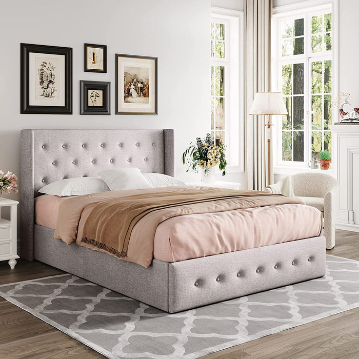 Full Platform Bed Frame with Lifting Storage, Wingback Headboard