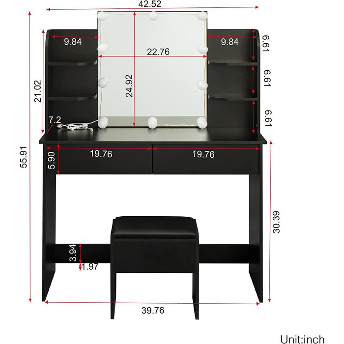 Large Vanity Set with 10 Lights Bulbs, 2 Drawers (Black)
