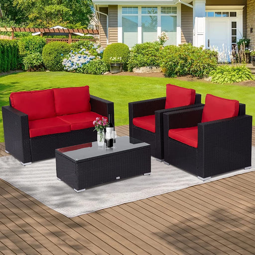 Patio Furniture PE Wicker Furniture Set - 4 Pieces Outdoor Sectional Conversation Sofa with Storage Box Table and Red Cushions