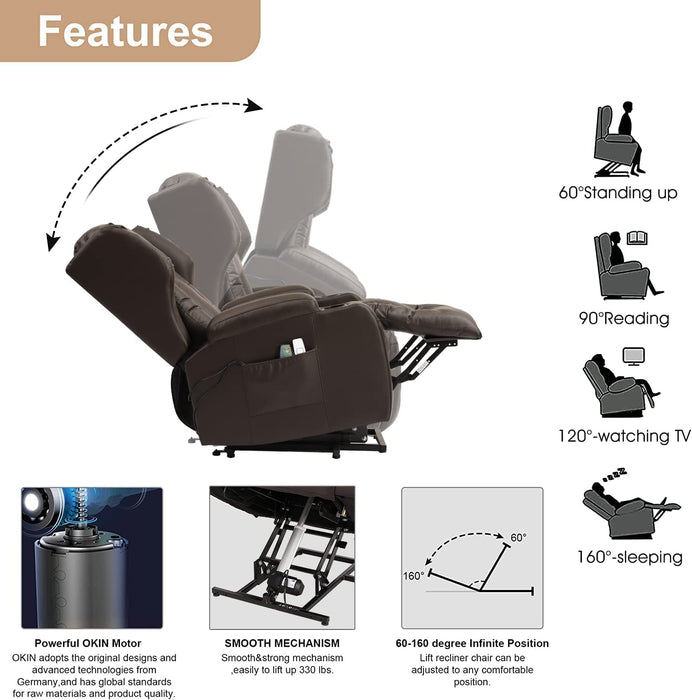 Dark Brown PU Electric Power Lift Recliner with Massage & Heat