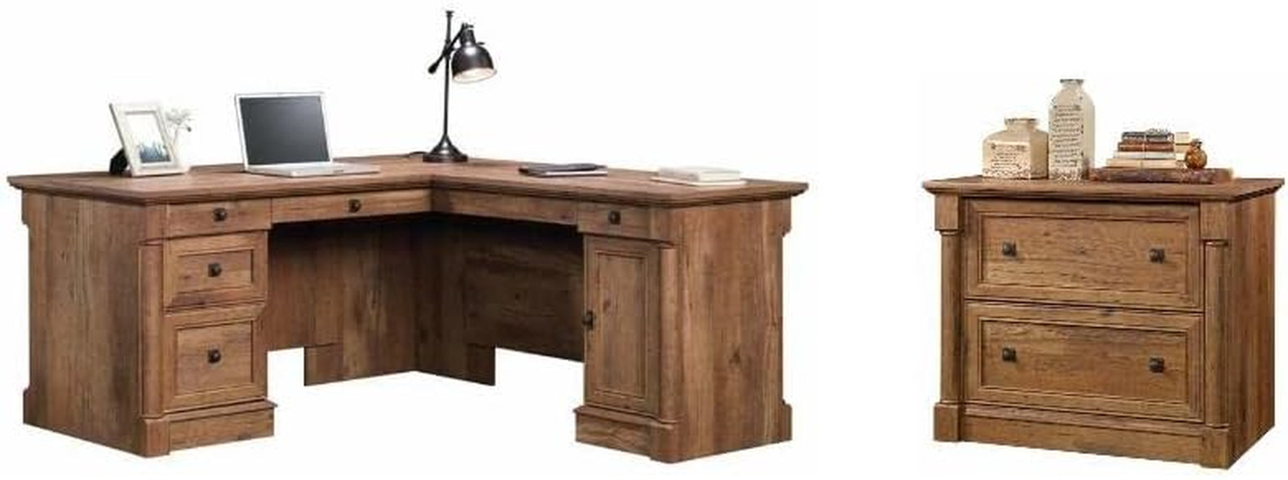 Set L-Shape Computer Desk with File Cabinet, Vintage Oak