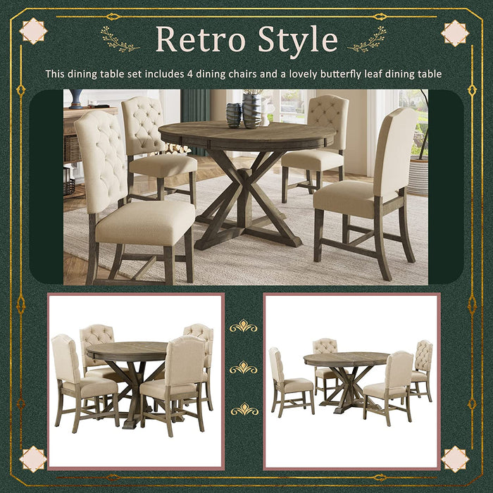 5Pc Dining Table Set, Functional Furniture Retro Style Dining Table Set with Extendable Table