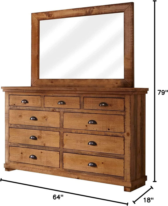 Willow Drawer Dresser with Mirror, Distressed Pine