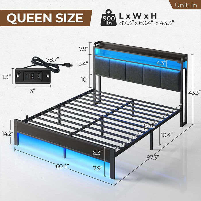 Dark Grey Queen Metal Platform Bed Frame W/ Charging Station, LED Lights, and Storage Shelves