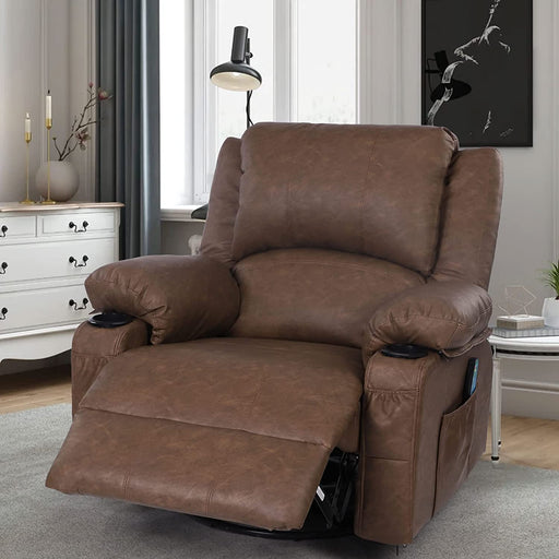 Leather Rocker Recliner Chair with Massage, Swivel, Drink Holders, Mocha