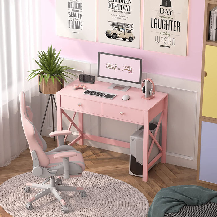 Pink Modern Writing Computer Desk with Drawers