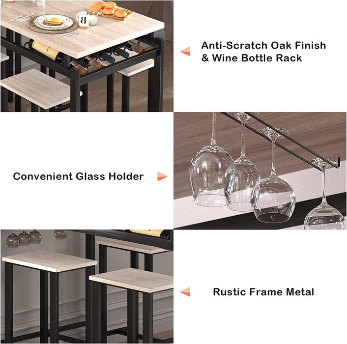 5-Piece Dining Table Set with Wine Rack and Glass Holder, Oak