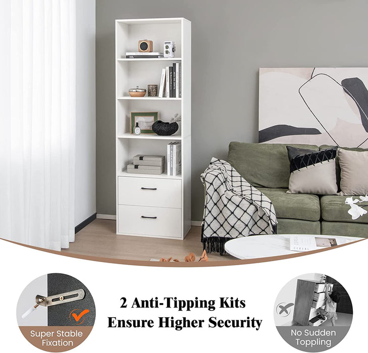 White 4-Tier Bookcase with Drawers and Anti-Tipping Kits