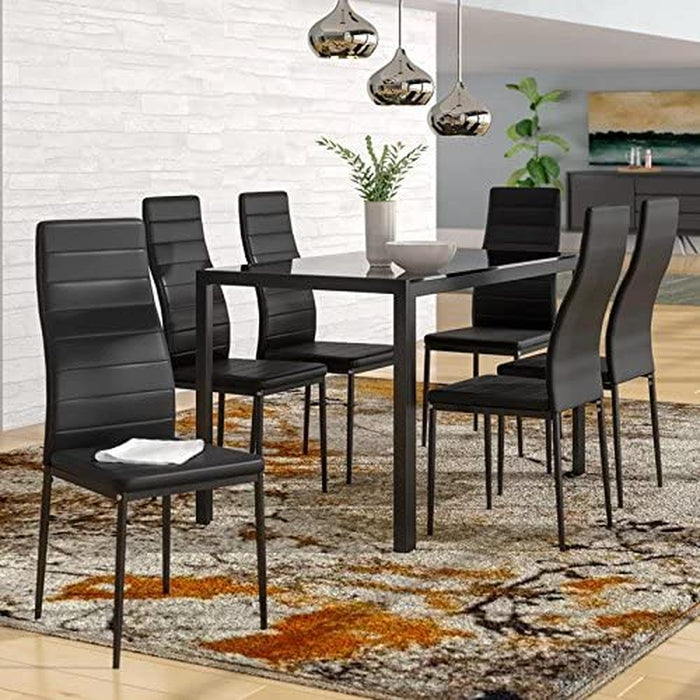 7-Piece Black Dining Set, Glass Top Table, 6 Chairs