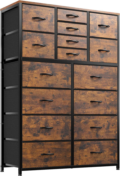 Rustic Brown 16-Drawer Tall Dresser with Wooden Top