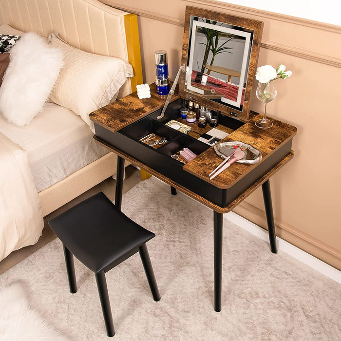 Rustic Brown Vanity Desk with Lighted Flip Top Mirror