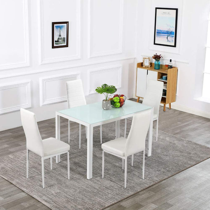 5-Piece White Dining Table Set, Glass Top, PU Chairs