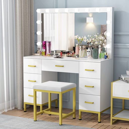 White Vanity Desk Set with Lighted Mirror