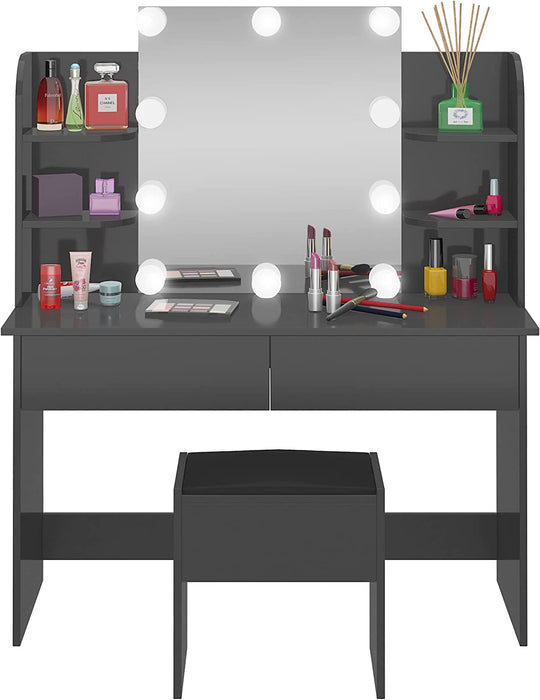 Black Vanity Table Set with Lighted Mirror