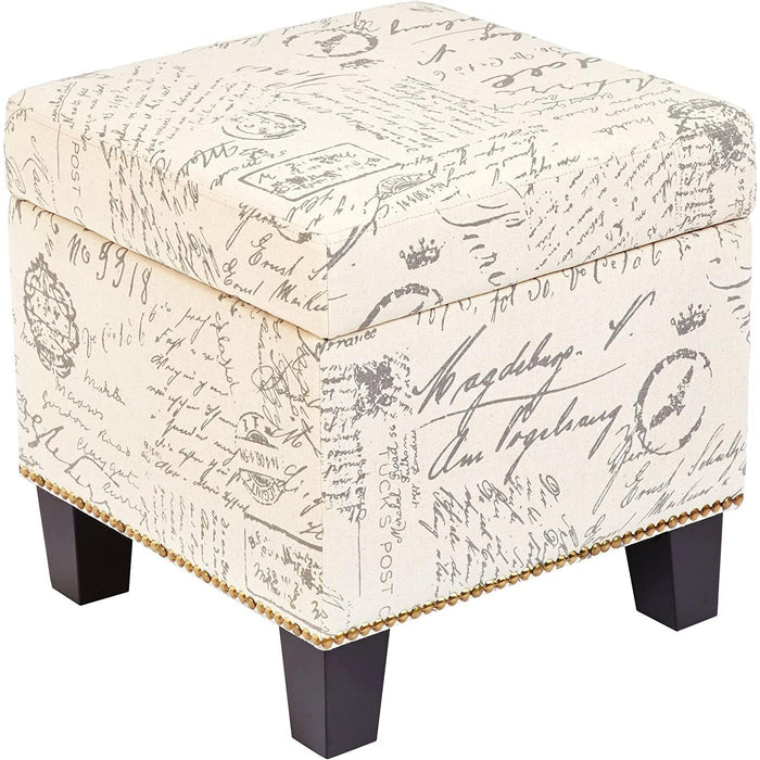 Neutral Beige Script Ottoman with Storage Square