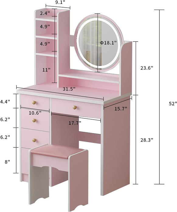 Pink Makeup Desk with round Lighted Mirror