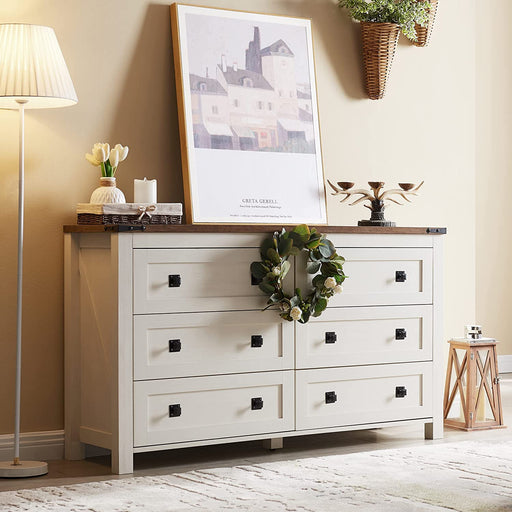 Rustic White Dresser with 6 Drawers for Bedroom Storage