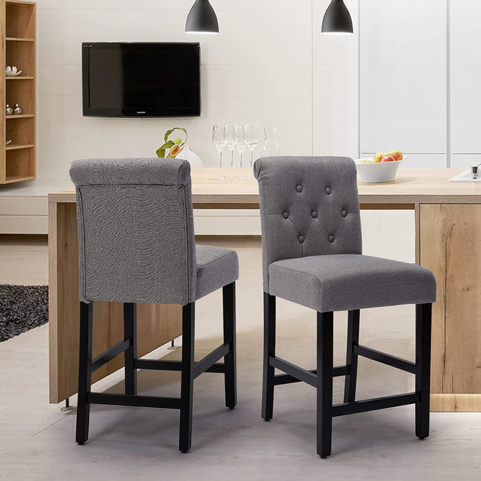 Grey Fabric Counter Height Bar Stools, Solid Wood Legs, Set of 2