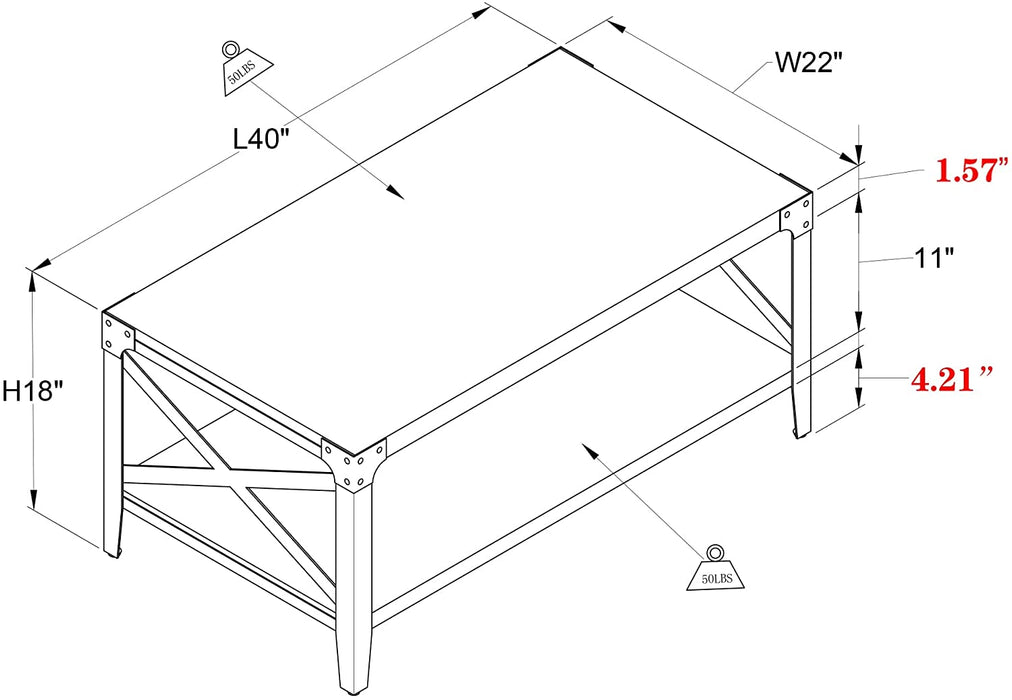 40″ Industrial Coffee Table with X-Shaped Frame