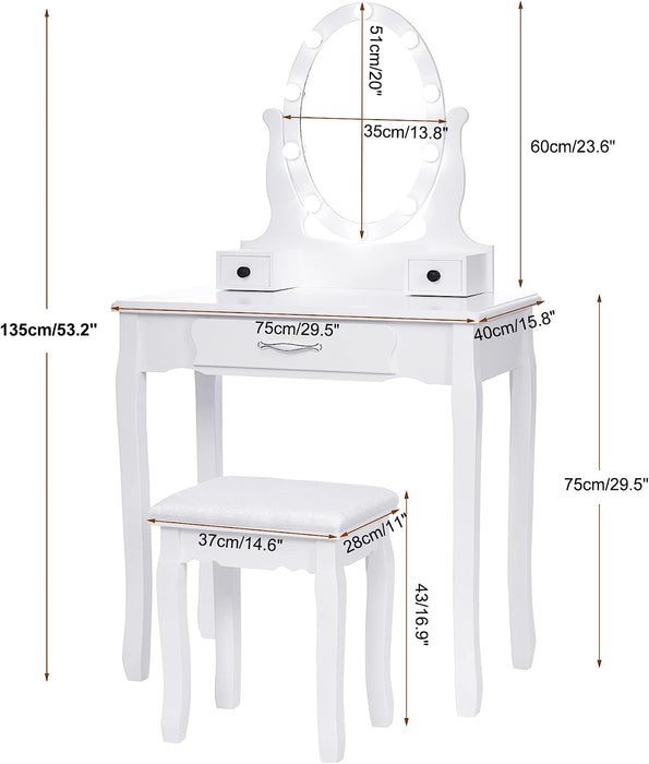 White Makeup Vanity Set with LED Lighted Mirror