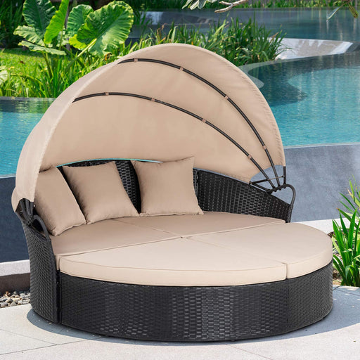 Outdoor Patio Furniture Outdoor round Daybed with Retractable Canopy, Black Wicker Furniture Sectional Couch with Washable Separates Cushions Seating for Patio, Backyard, Poolside