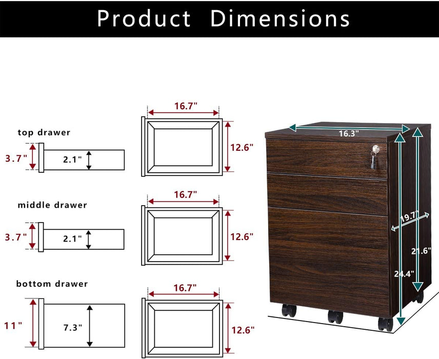 Walnut Mobile File Cabinet with 3 Drawers